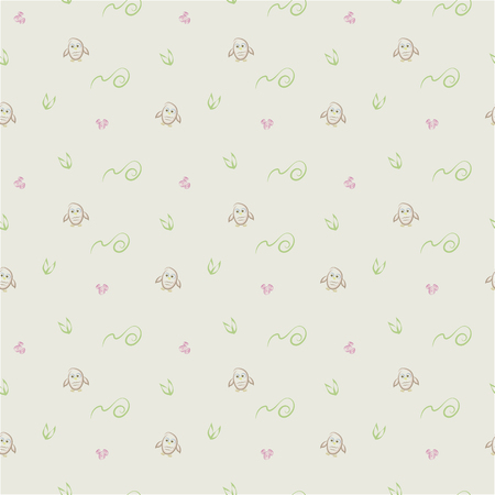 Cute bright background with green spirals, owls and pink flowers. Vector seamless patternのイラスト素材