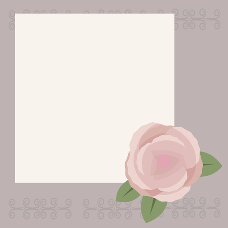White square sheet for writing or congratulation on a light gray background with a pattern, pink-brown rose with green leaves in the bottom right corner of the vector.のイラスト素材
