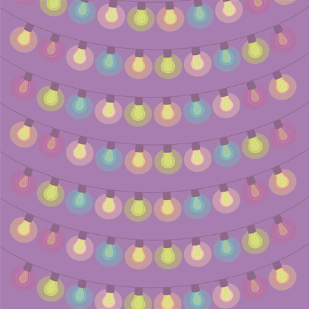 Flashlight bulbs incandescent bright fluorescent garlands hanging on a lilac background vector illustration.のイラスト素材