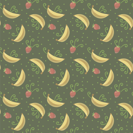 Vector seamless fruits yellow bananas, red strawberry patterns and green spirals with dots on a green lime dark background pattern.のイラスト素材