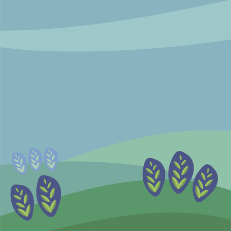 Vector square illustration drawing green gradient leaves of plants sprouts in ears against the background of the blue area grow on green hilly fields or meadows under a blue sky.のイラスト素材