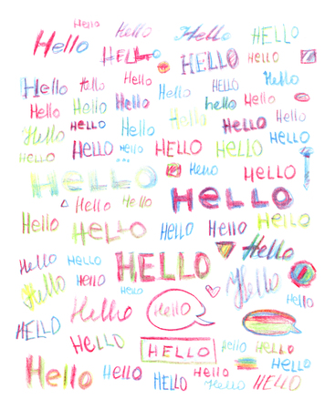 Set of multicolored hello inscriptions isolated on a white background, hand-drawn by colored pencil.の写真素材