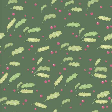 Seamless pattern of green summer oak leaves and bright red berries on a dark green background.のイラスト素材