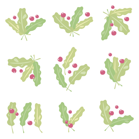 Small vector composition of painted natural oak green light leaves with veins and glitter, and red berries of a cowberry isolated on a white background.のイラスト素材