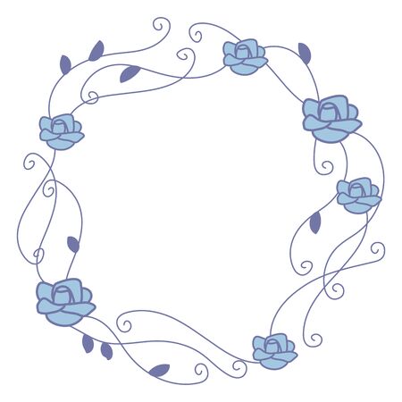 Ornate thin with curls of blue lines wreaths with blue roses isolated on white background.のイラスト素材