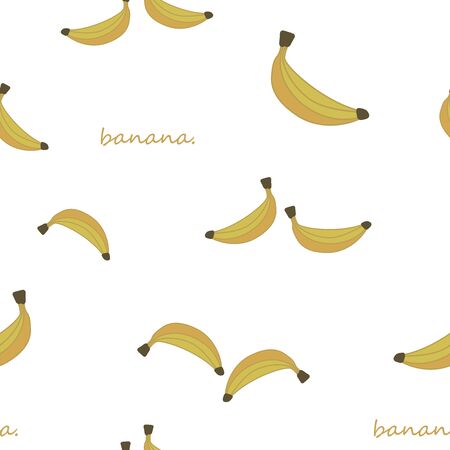 Seamless vector pattern of yellow banana fruits and inscriptions isolated on white background.のイラスト素材