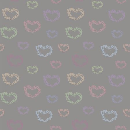 Seamless vector pattern with multi-colored cute hearts of different sizes on a light gray background.のイラスト素材