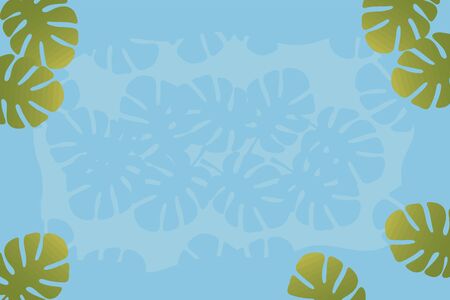 Horizontal frame postcard with green tropical leaves at the edges isolated on a bright sky blue background.のイラスト素材