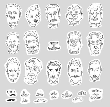 Set of linear caricature portraits of men and drawings of mustaches isolated on a white background.の写真素材