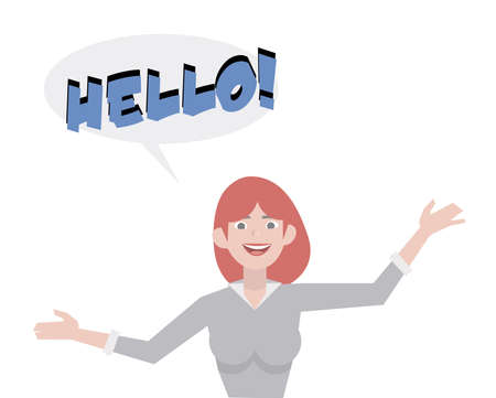 Girl with red hair in a gray sweater joyfully greets vector illustrationのイラスト素材