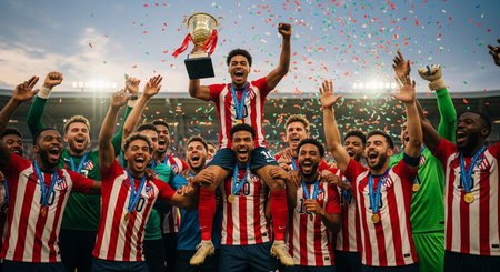 Celebratory image of a sports team holding a trophy, with expressions of joy and excitement.