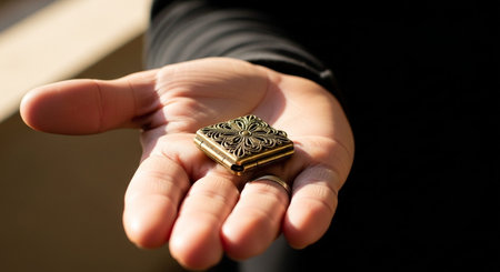 A close-up of a hand holding a small, intricately designed brass box with an antique style. The box...