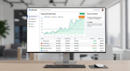 Investment planning dashboard with asset allocation and performance metrics.