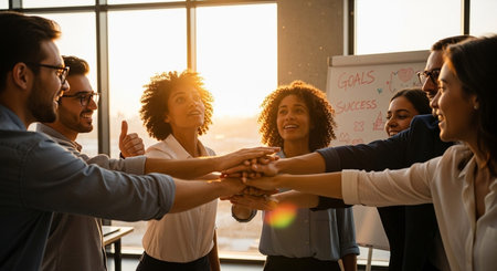 Team members in a meeting, celebrating success and brainstorming new ideas.