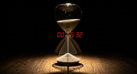 Hourglass with sand and digital timer showing elapsed time.