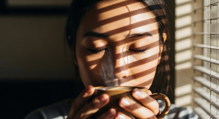 Image of a woman enjoying a moment of relaxation with a cup of coffee.