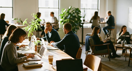Image of people working in a modern office space with laptops and plants.の写真素材