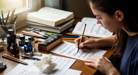Image of a girl writing at a desk with various art supplies around her.の写真素材