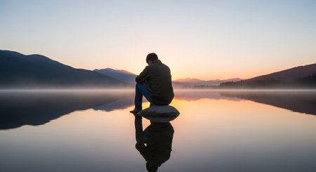 Image of a man sitting on a rock by a serene lake during sunset.の写真素材
