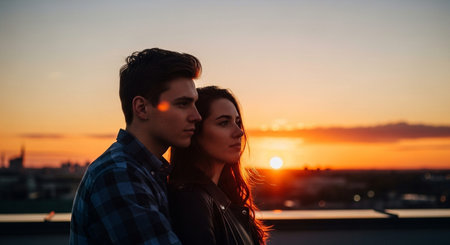 Image of two people at sunsetの写真素材