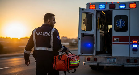 Paramedic with emergency medical bag next to ambulance.