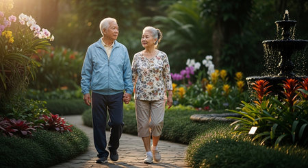 Image of an elderly couple walking in a garden