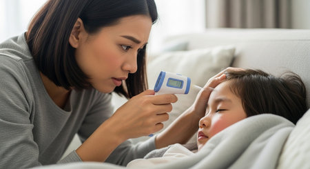 Image of a woman checking a child's temperature with a digital thermometer.