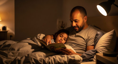 Image of a man and a girl reading a book together.