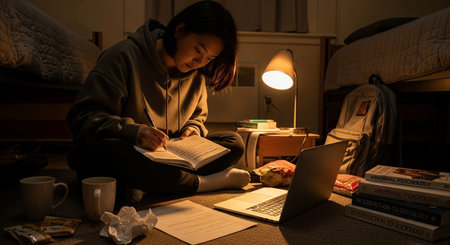 Image of a woman studying in her dorm room.