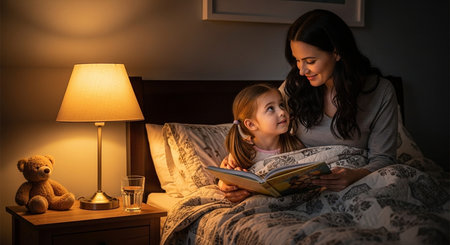 Image of a mother and daughter reading a book together in bed.の写真素材