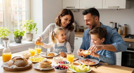 Family enjoying breakfast together at the dining table.の写真素材