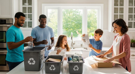 Family recycling together at home.