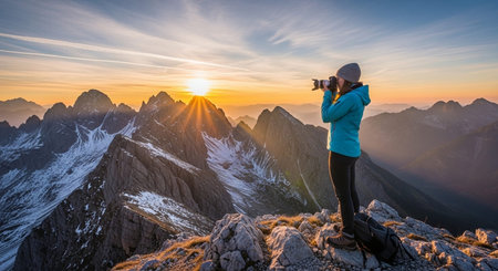 Image of a person taking a photo of a mountain landscape at sunset.