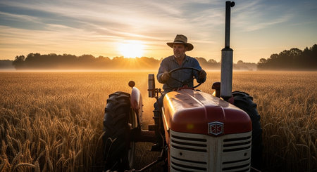 Image of a farmer using a tractor in a wheat field at sunrise.
