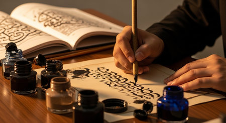 A person practicing calligraphy with a brush and ink on paper, showcasing traditional art and skill.