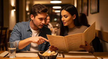 A couple sitting at a table in a restaurant, looking at a menu together.の写真素材