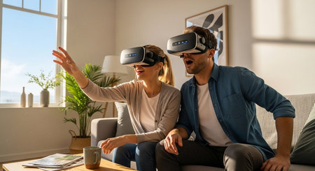 A couple enjoying a virtual reality experience together in their living room.