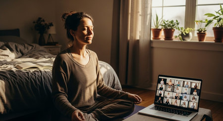 A woman practicing yoga and meditation in her home office while participating in a virtual meeting.