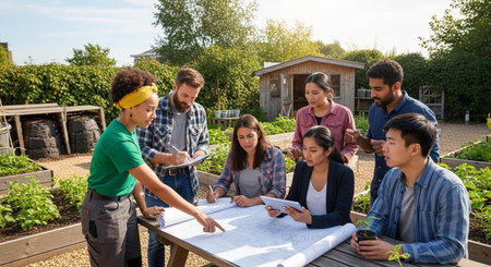 A group of people are gathered around a table in an outdoor garden setting, engaged in a discussion and looking at plans. They appear to be planning a gardening project together, with various gardening tools and plants visible in the background.の写真素材