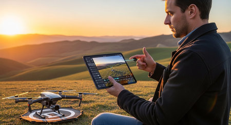 A man using a tablet to control a drone in a scenic outdoor environment at sunset.