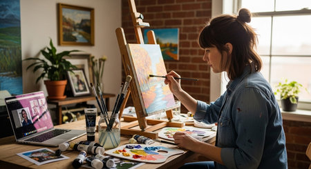 Artist painting on canvas in a studio