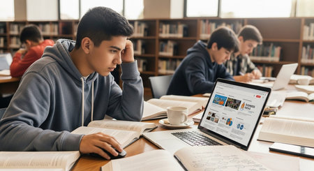 Students studying in a library with books and laptops