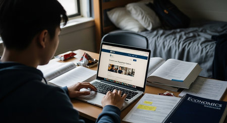 Student studying with laptop in bedroom