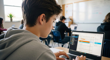 Student using a laptop in a classroom setting