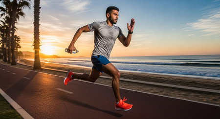A man is running on a beach road during sunset, showcasing a healthy and active lifestyle.
