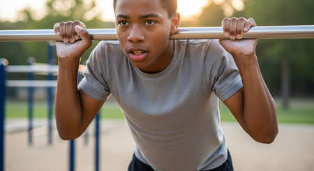 Young man performing pull-ups on a bar in a park.