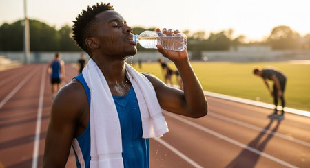 Image of an athlete drinking water on a track, emphasizing the importance of hydration in sports and...