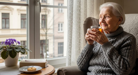Elderly woman enjoying a peaceful moment at home with a cup of tea.の写真素材