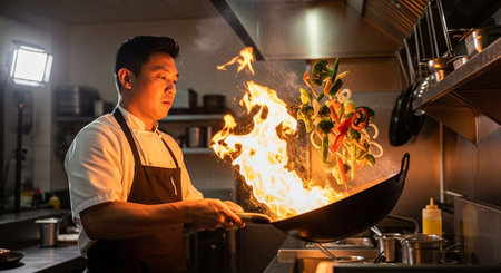 A chef skillfully stir-frying vegetables in a wok, showcasing culinary expertise and the vibrant...