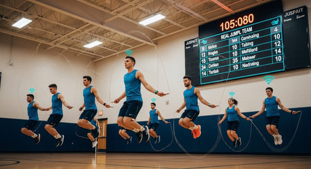 Group of people performing synchronized exercises in a gym setting, with digital scoreboard in the background.
